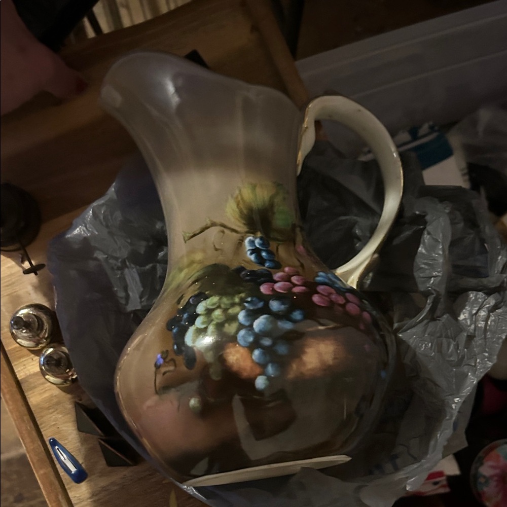 Hand-Painted Ceramic Pitcher with Grapes Design